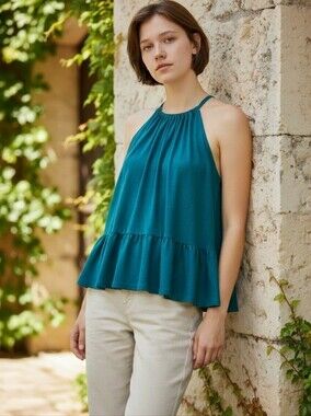 Old Navy Linen Blend Teal Halter Ruffle-Hem Camisole Top